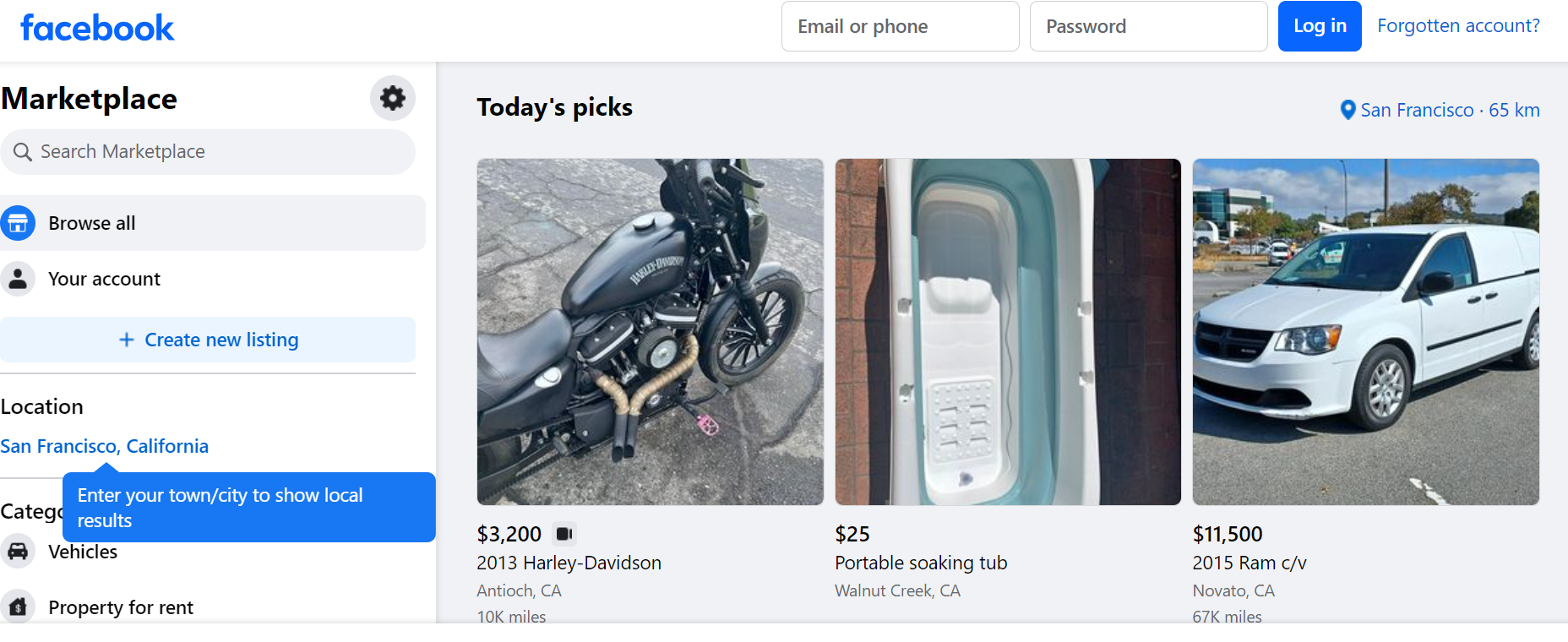 Facebook marketplace homepage.