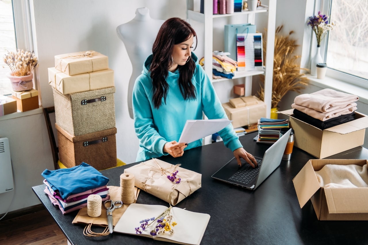 Female online business owner processing orders using laptop.