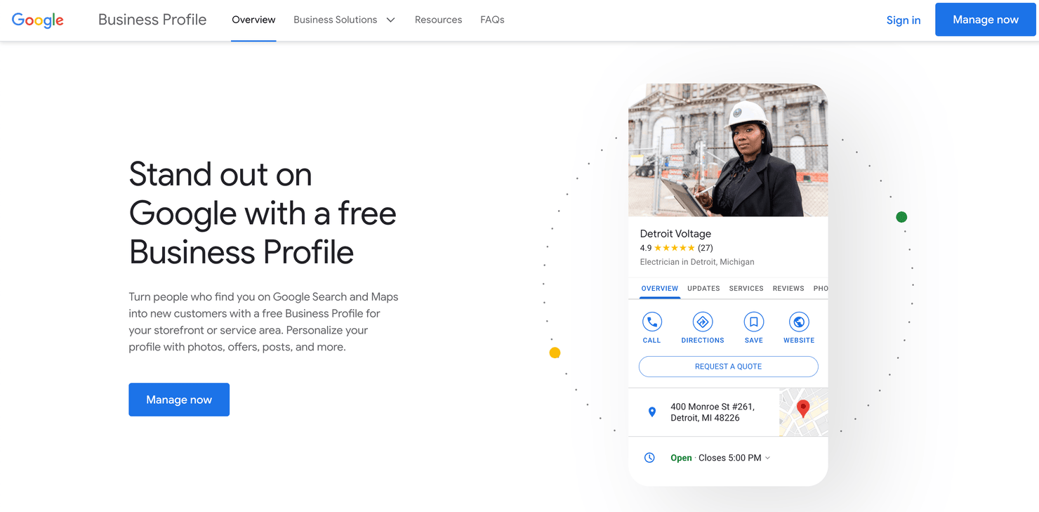 Google My Business' homepage