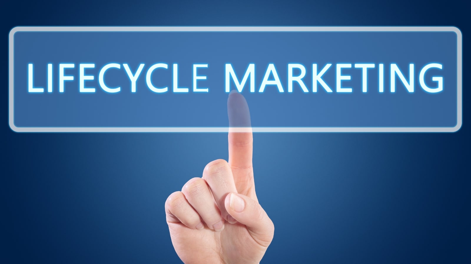 Hand pressing Lifecycle Marketing button on interface with blue background.