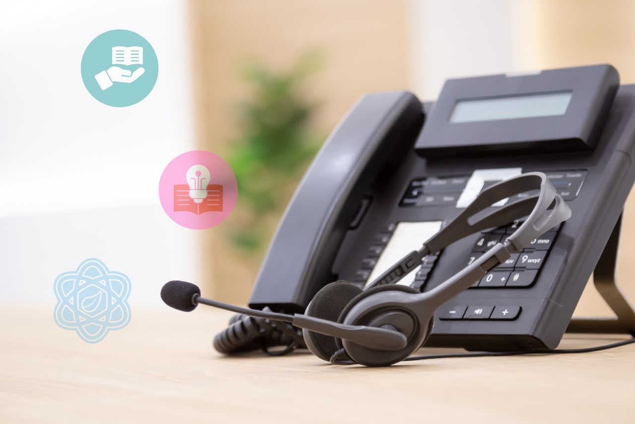 Headset and dialer with icons representing knowledge base.