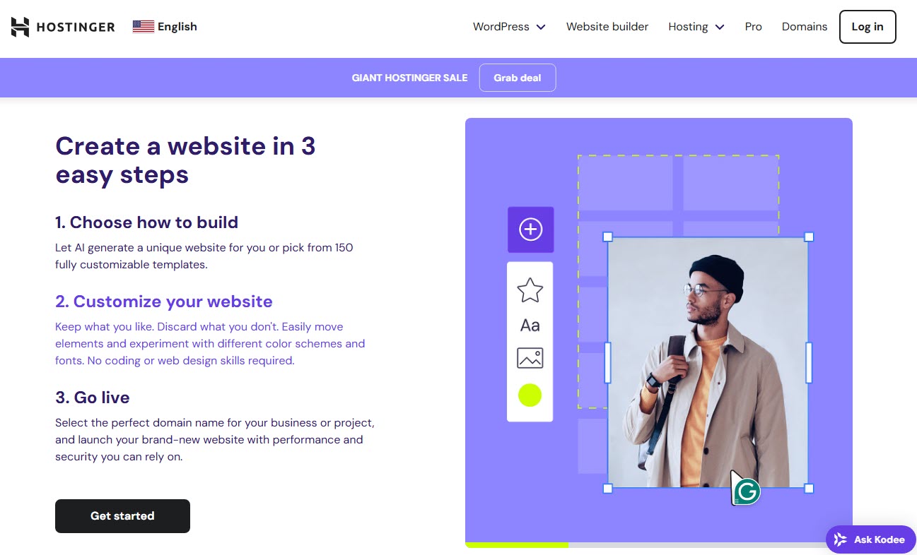 Hostinger website screenshot featuring 3 steps to build a website.