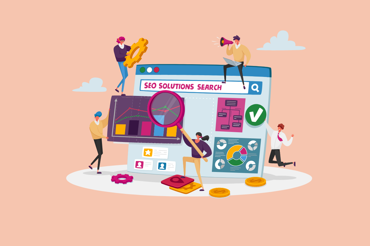 Illustration of people working on SEO solutions for website.