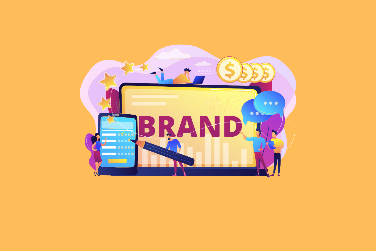Illustration, people building company website brand.
