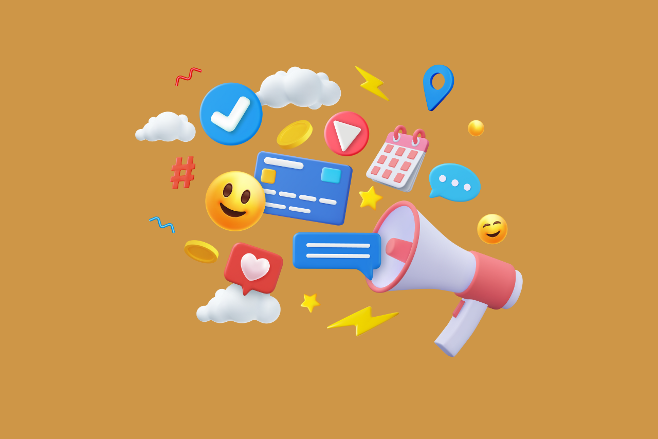 Images of different icons such as emojis, hashtags and loudspeaker.