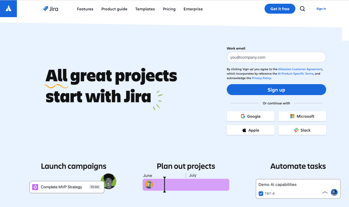 Jira's homepage