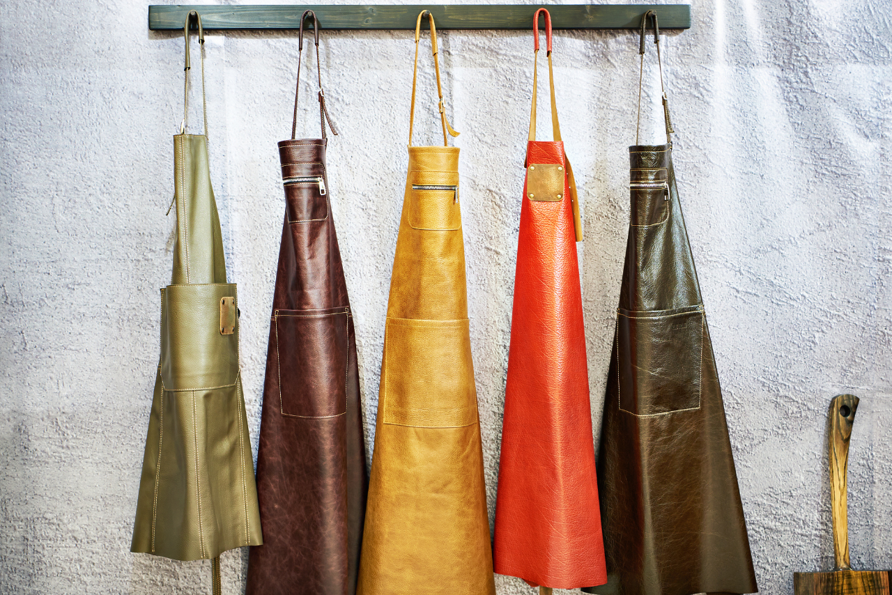 Leather made aprons for kitchen and workshop.