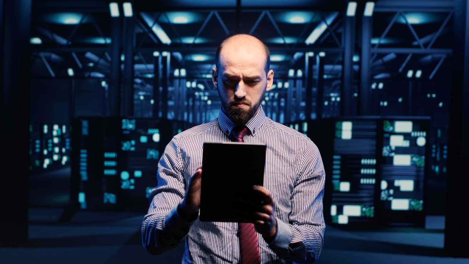 Male information security manager reviewing security strategy on tablet.