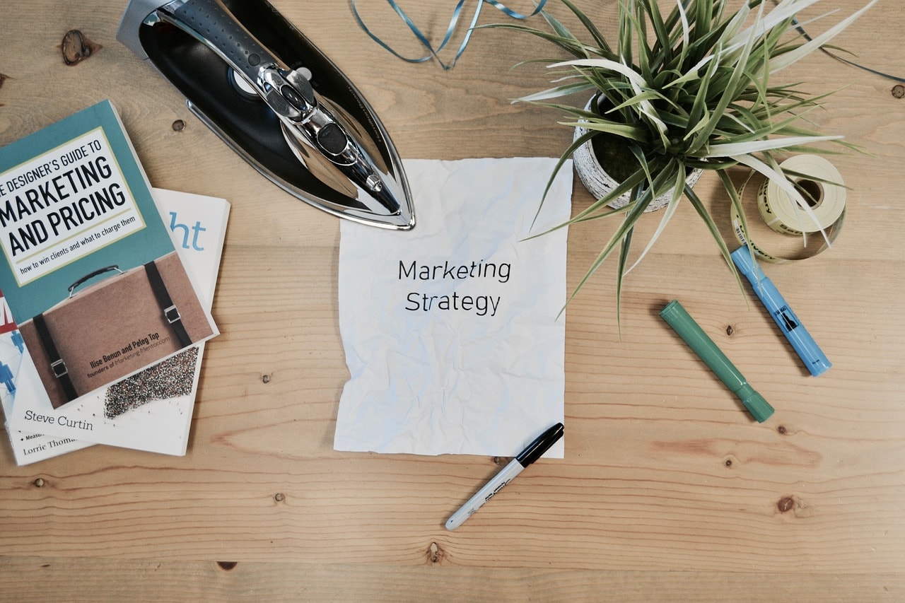 Marketing strategy text on a piece of paper.