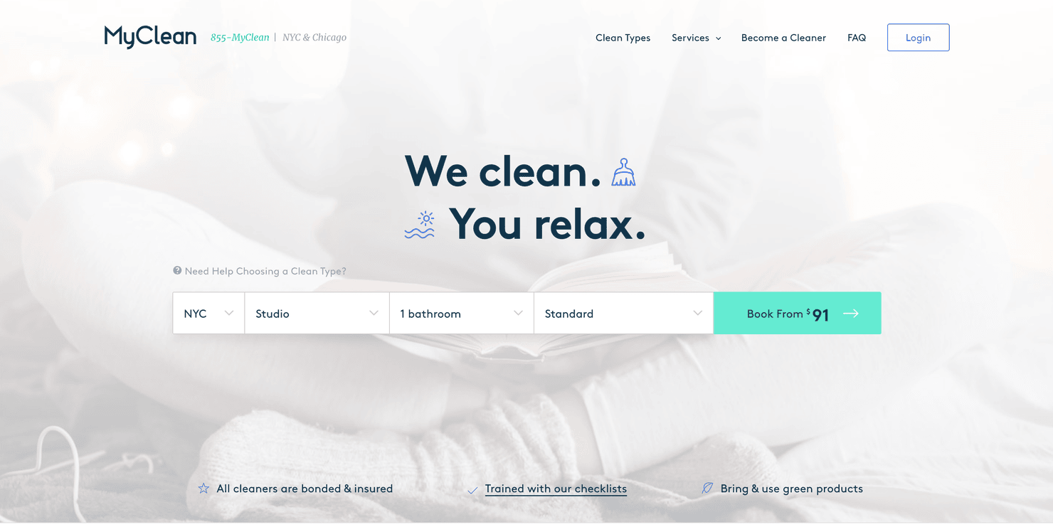 MyClean's website, where customers can book cleaning services