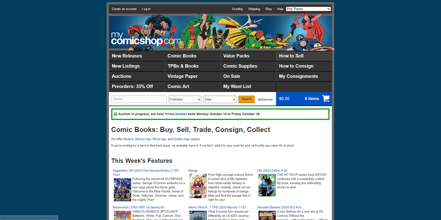 MyComicShop's website screenshot.