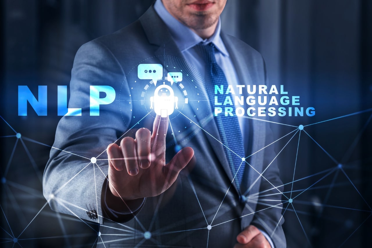 NLP cognitive computing technology concept on blurred Server Room.