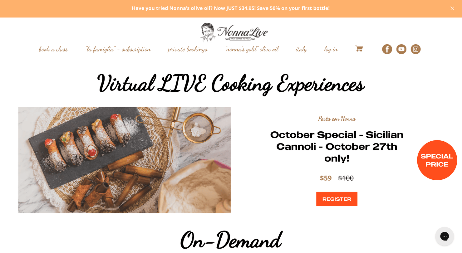 Nonna's website offering virtual live cooking experiences