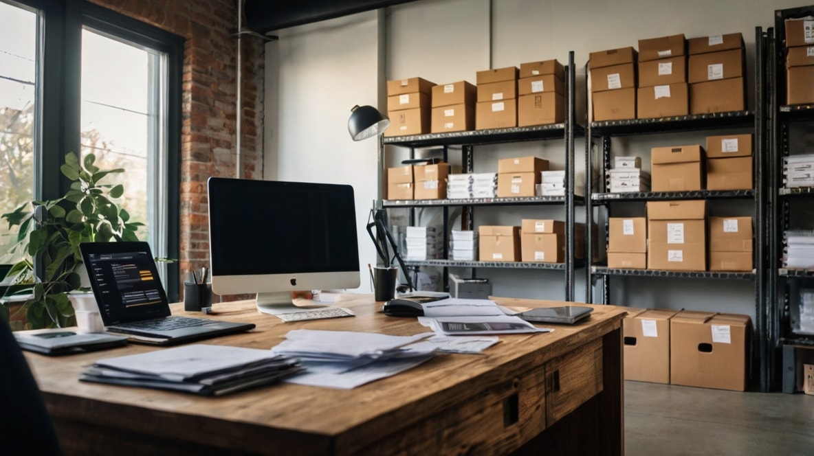 Packages on a shelf in a room.