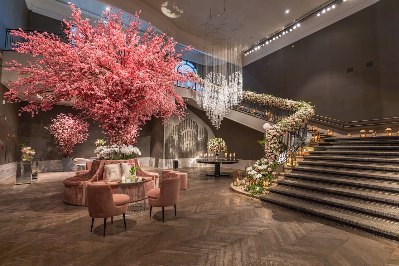 Pink tree and decorations at a hotel