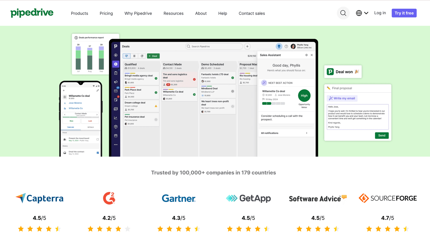Pipedrive's homepage with star ratings from different review websites