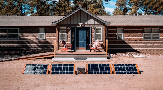 Portable solar panels outside a house