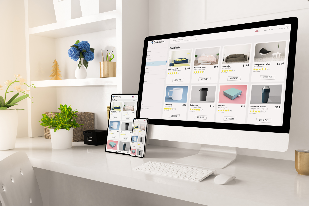 Product page from a website shown on three devices
