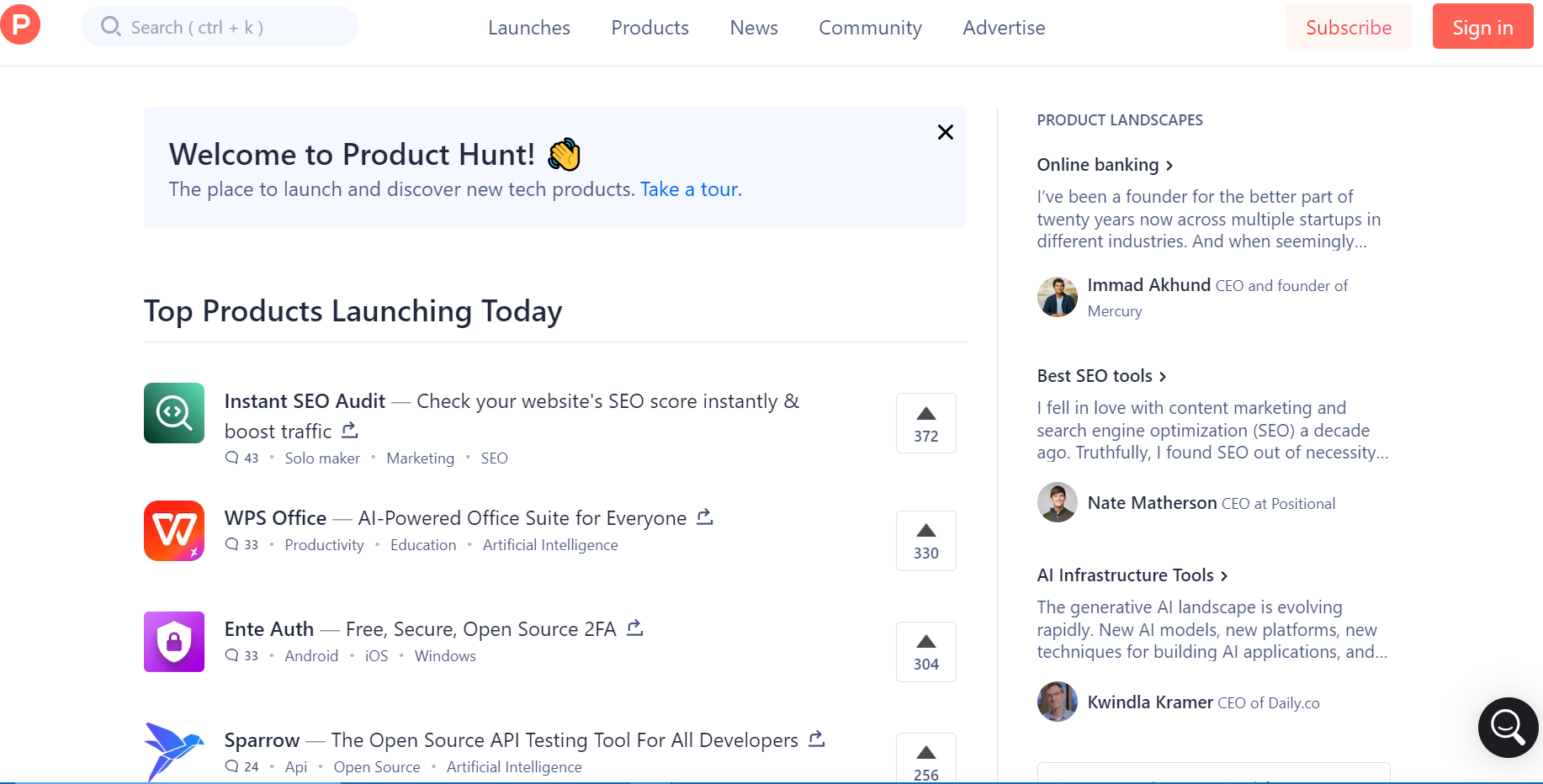 ProductHunt website homepage.