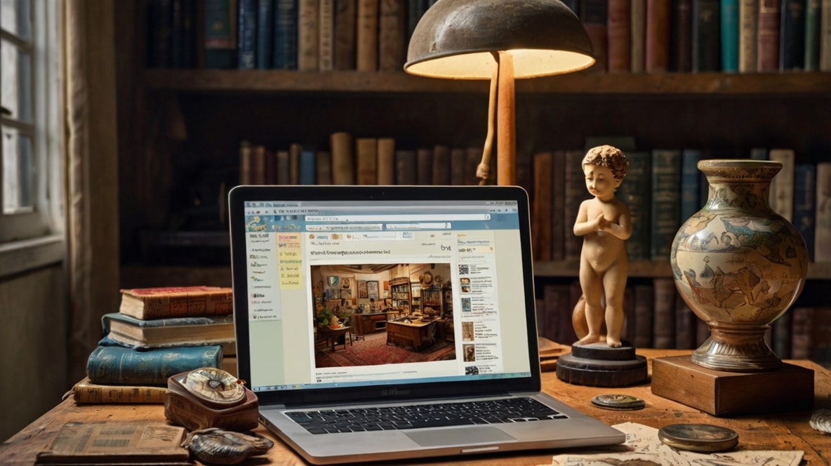 Researching antiques on the internet.