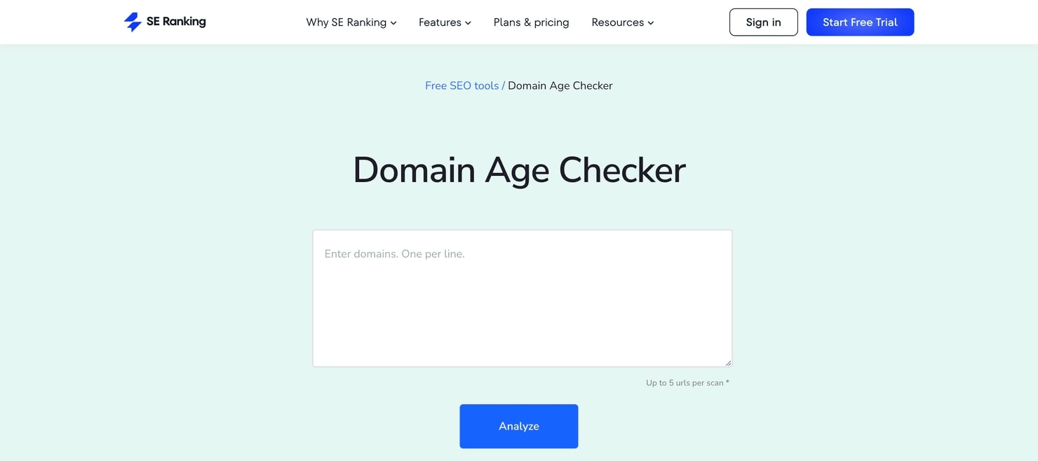 SE Ranking, a domain age checker