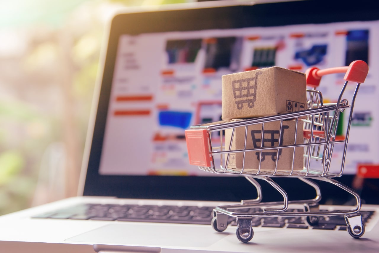 Shopping online concept, a shopping cart logo in trolley.