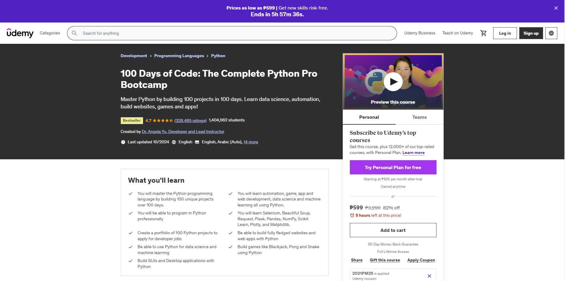 100 Days of Code: The Complete Python Pro Bootcamp on Udemy's website page.