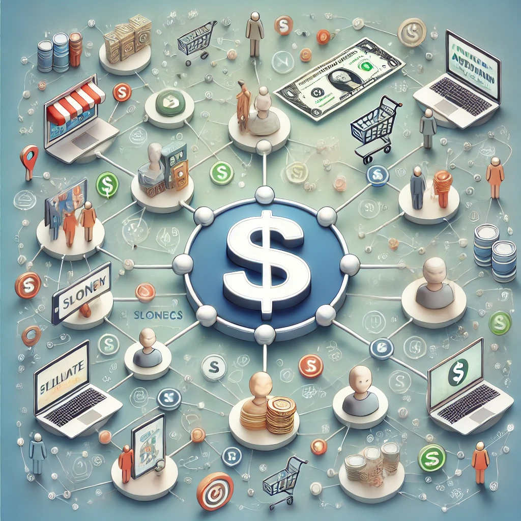 The image shows a network of interconnected devices, including a smartphone, laptops and money.
