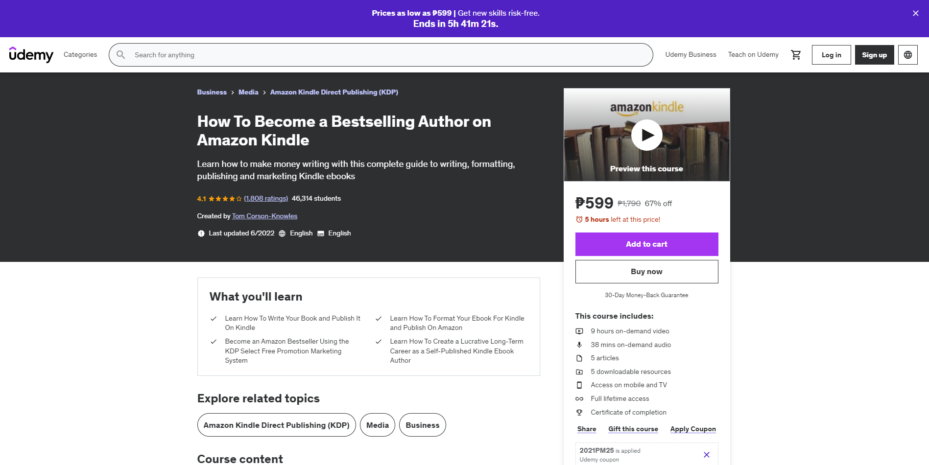 Udemy's online course called How To Become a Bestselling Author on Amazon Kindle