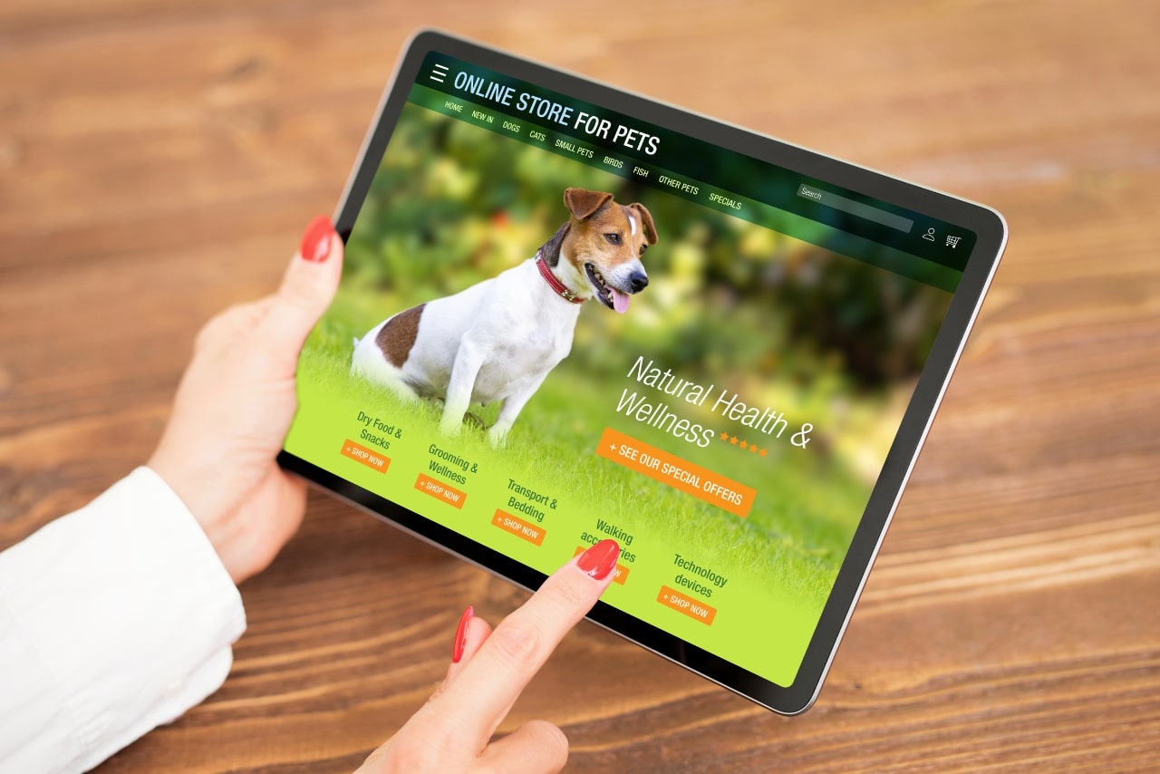 Woman Shopping Online for Pets Products and Supplies.
