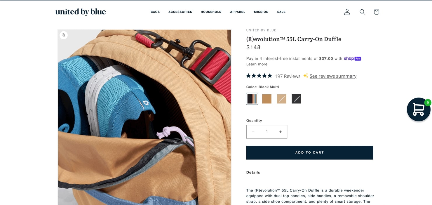 Zoomable product photos on United By Blue's website