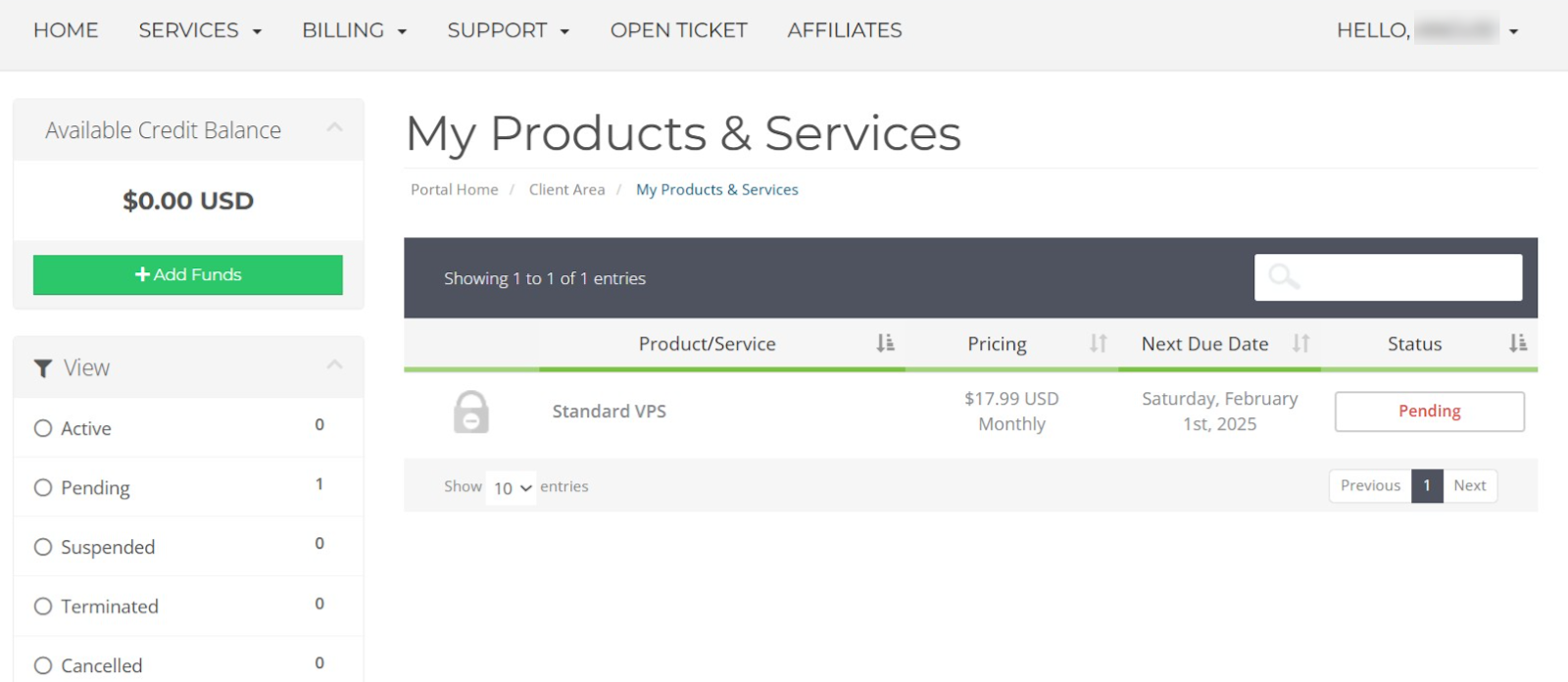 screenshot of Products and Services page