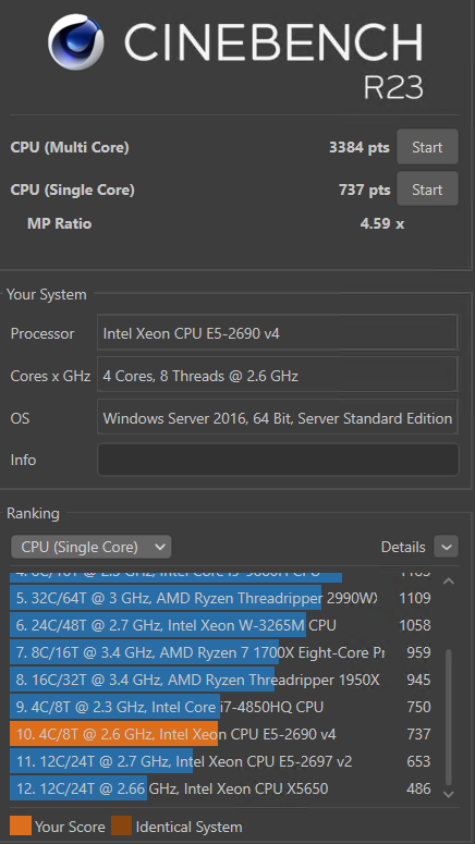 screenshot of Cinebench Test results