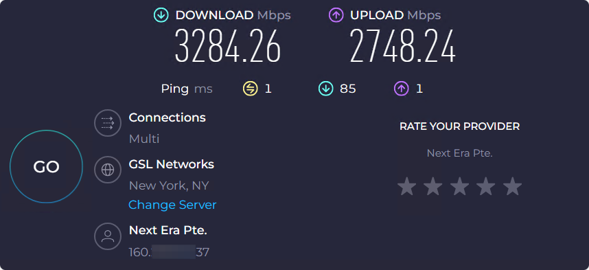screenshot of Speed test results
