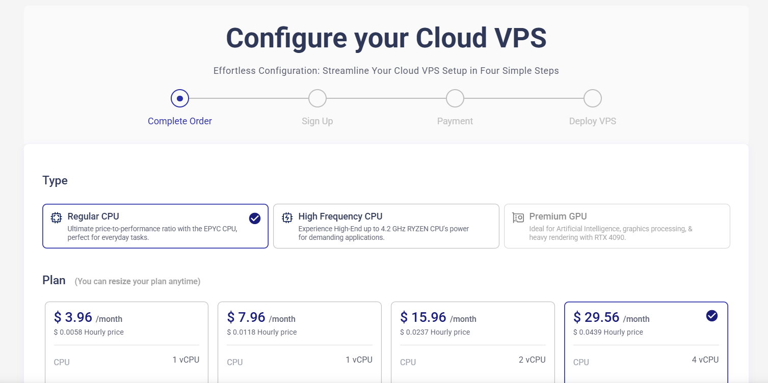 screenshot of hosting plan configurations