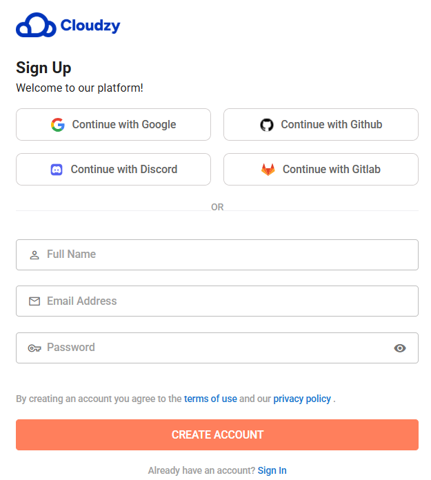 screenshot of Sign Up form