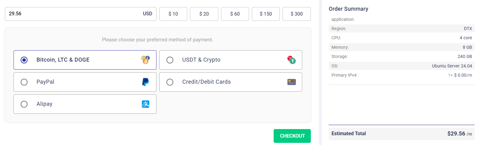 screenshot of payment options