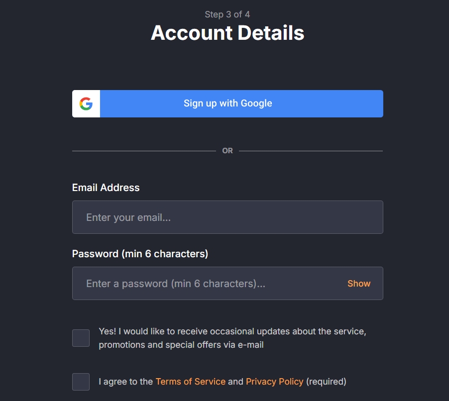 screenshot of Sign up form