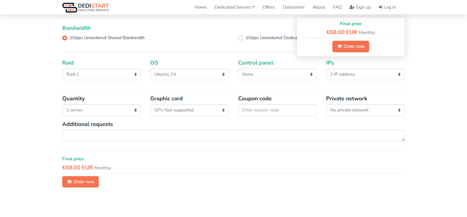 screenshot of server configurations