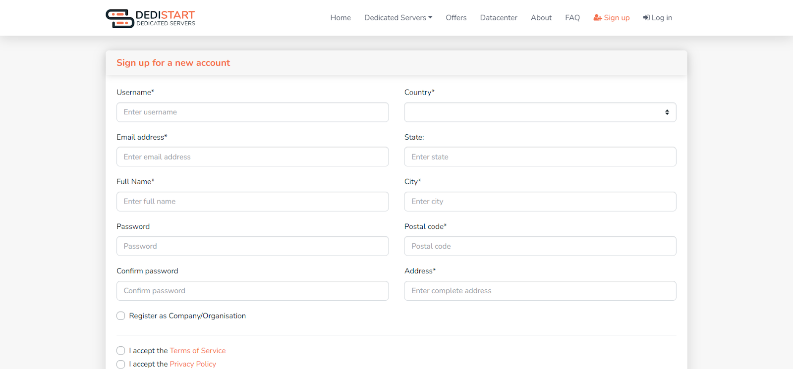 screenshot of registration form