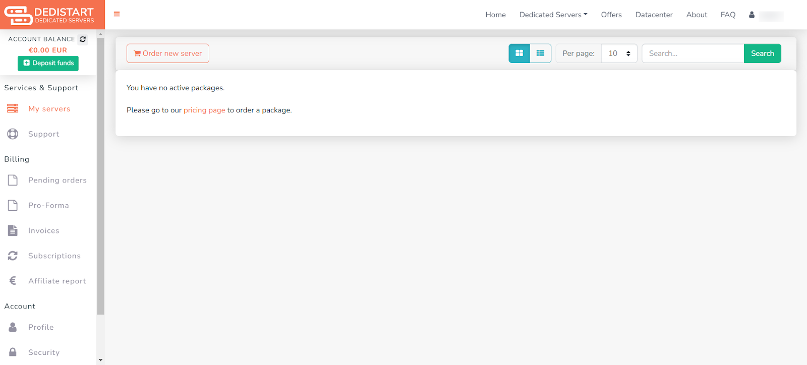 screenshot of the dashboard