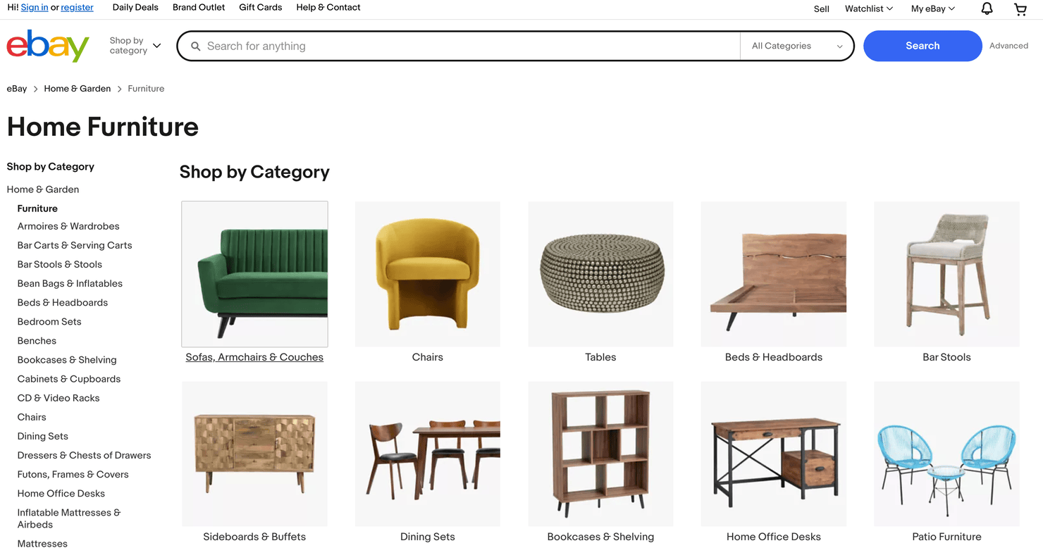eBay website's home furniture section