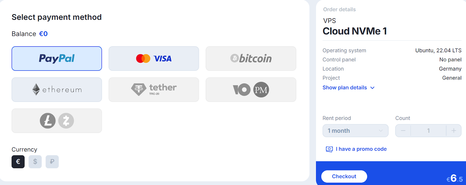 screenshot of payment methods