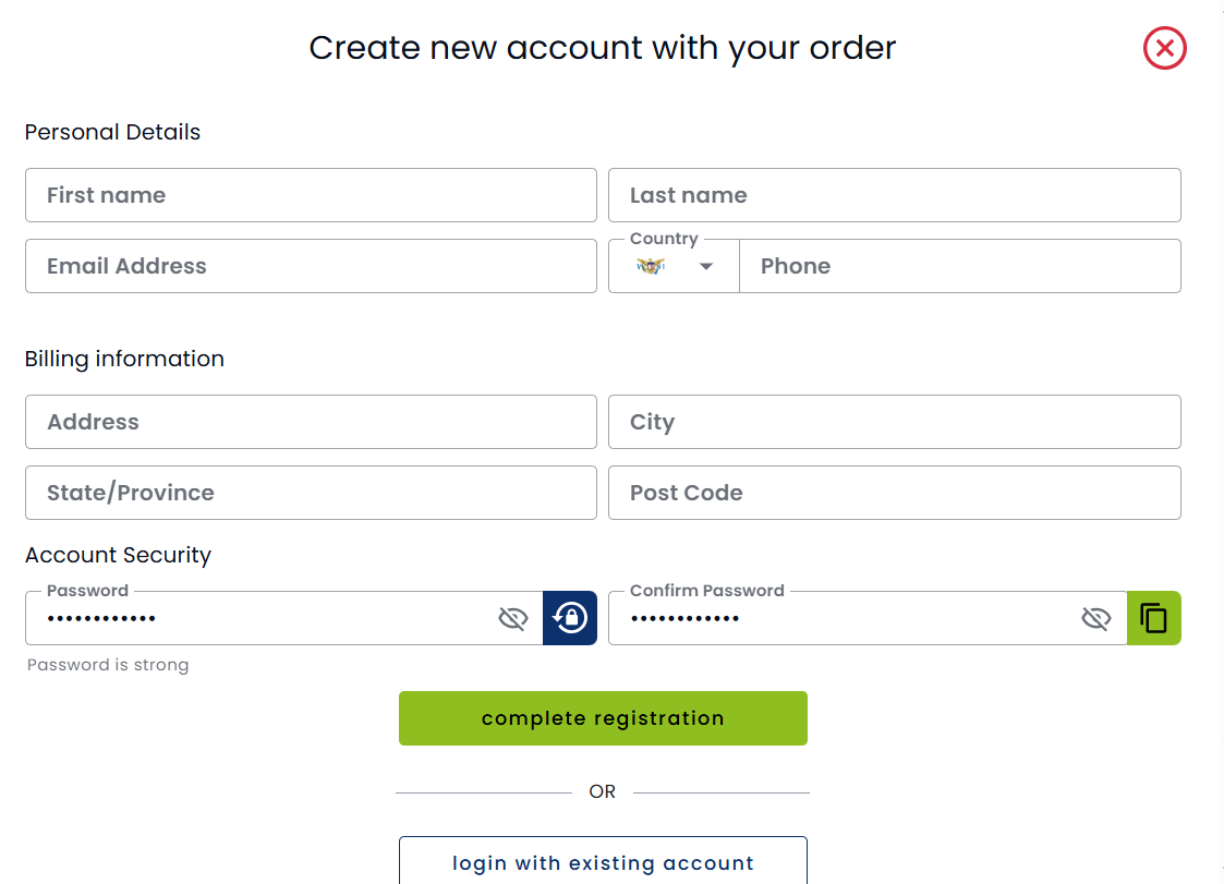 screenshot of registration form