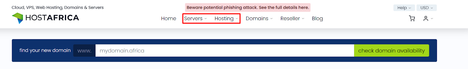 screenshot of top navigation bar with Servers and Hosting buttons highlighted