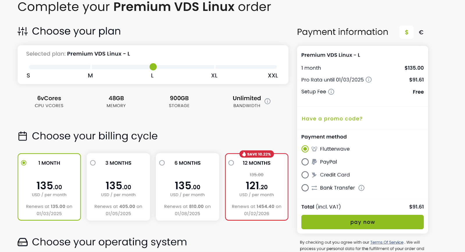 screenshot of hosting plan configurations