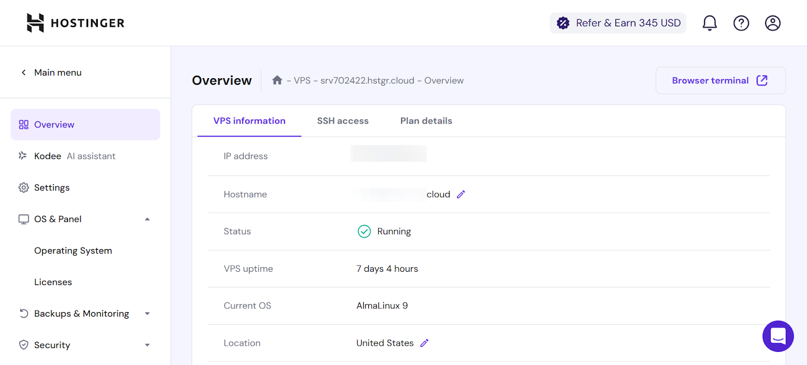 لقطة شاشة لنافذة معلومات VPS