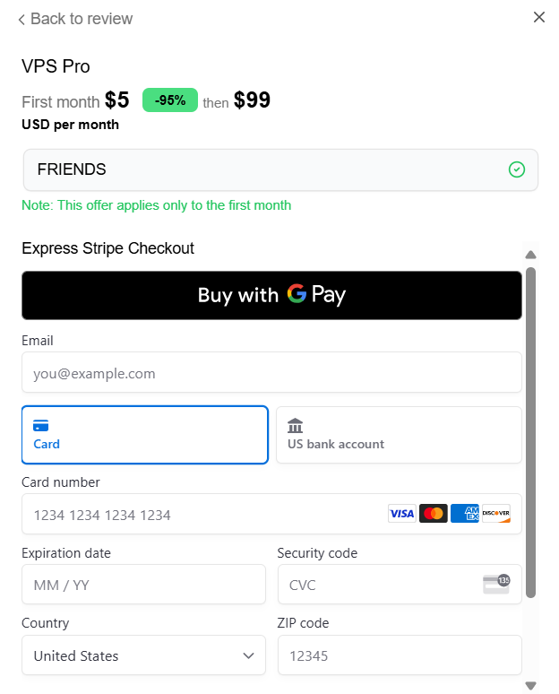 screenshot of the credit card information