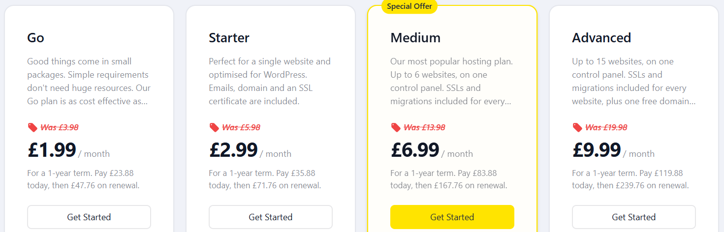 screenshot of hosting plans