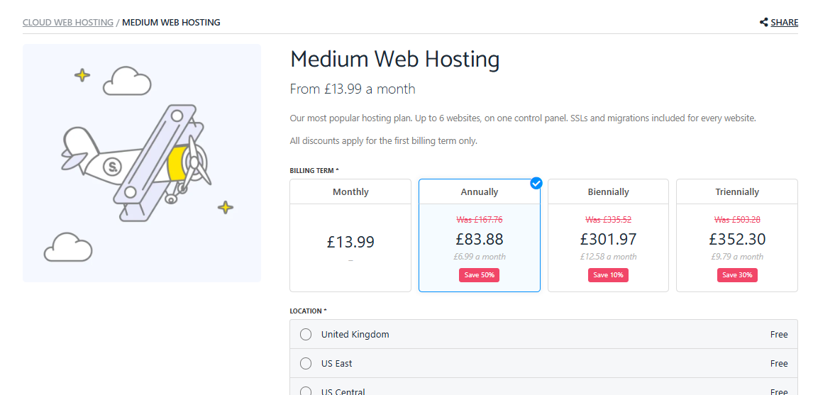 screenshot of hosting plan configurations